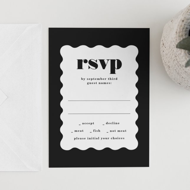 Cartão RSVP Casamento Branco Negro de Quadro Escalado Moderno (Criador carregado)