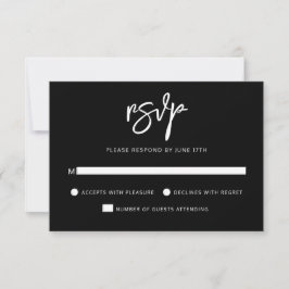 Cartão RSVP Casamento Branco Negro de Script Contemporâneo Mod