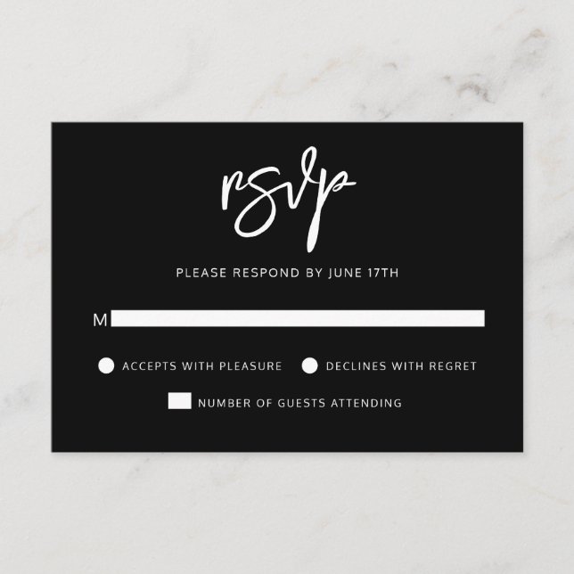 Cartão RSVP Casamento Branco Negro de Script Contemporâneo Mod (Frente)