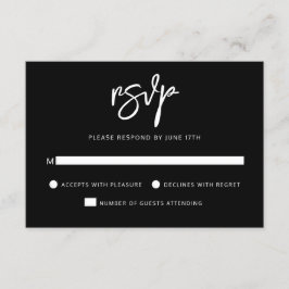 Cartão RSVP Casamento Branco Negro de Script Contemporâneo Mod