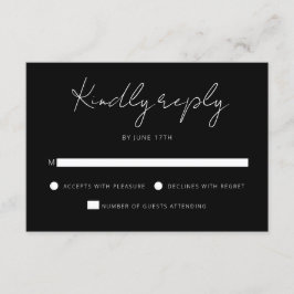 Cartão RSVP Casamento Branco Negro de Script de Assinatura Mod