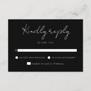 Cartão RSVP Casamento Branco Negro de Script de Assinatura Mod