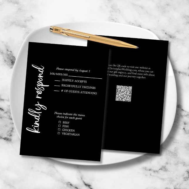 Cartão RSVP Casamento Branco Negro de Script Formal Elegante (Elegant Bold Script Black White Formal Wedding RSVP Response Card, menu choices, QR code for website)