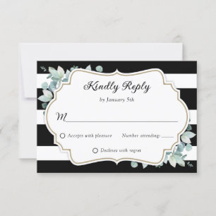 Cartão RSVP Casamento Branco Negro Eucalyptus Elegante