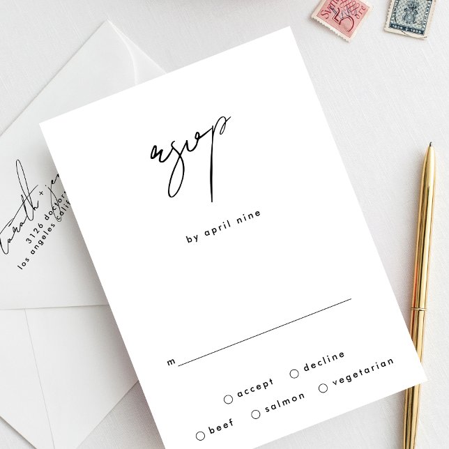 Cartão RSVP Casamento Branco Negro na moda Elegante de Nomes P (Criador carregado)