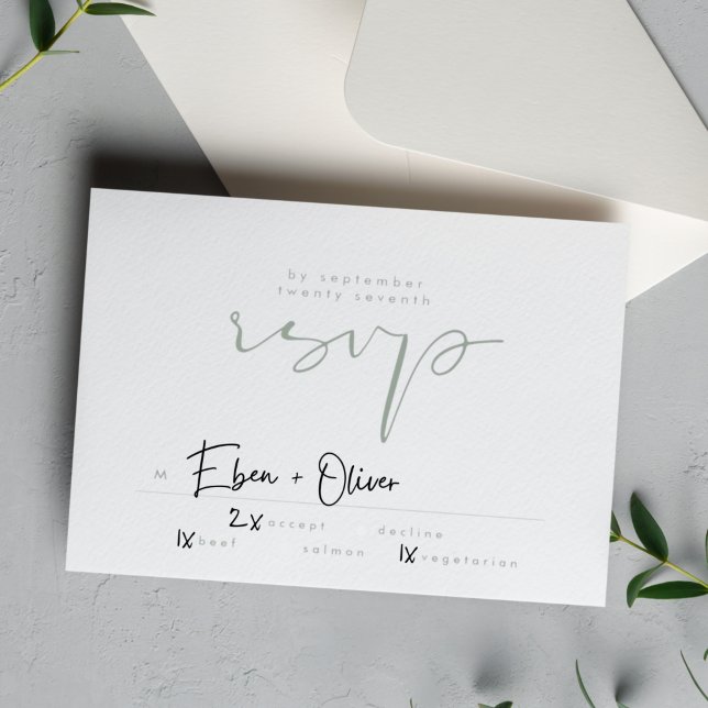 Cartão RSVP Casamento Branco Neutro Verde Verde do Elegante Mo (Criador carregado)