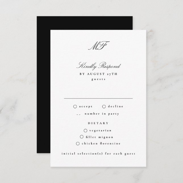 Cartão RSVP Casamento branco preto clássico monograma tradicio (Frente/Verso)