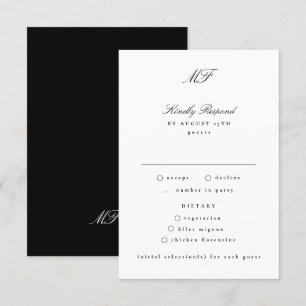 Cartão RSVP Casamento branco preto clássico monograma tradicio