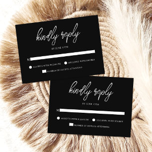 Cartão RSVP Casamento Branco Preto de Script Contemporâneo na 