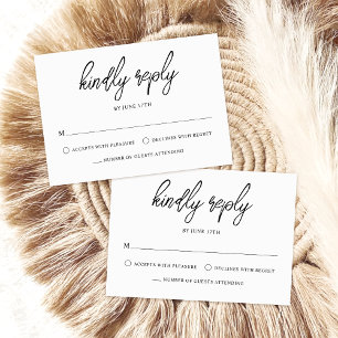 Cartão RSVP Casamento Branco Preto de Script Contemporâneo na 