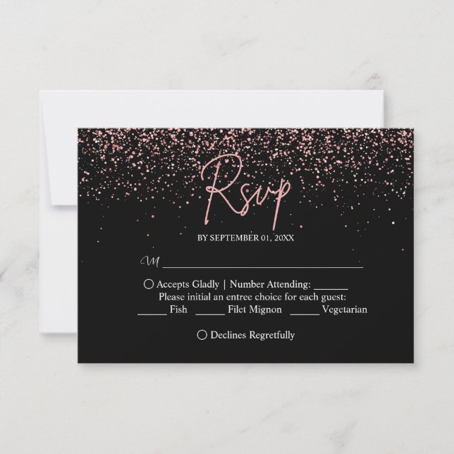 Cartão RSVP Casamento brilhante Dourado de preto e Rosa (Frente)