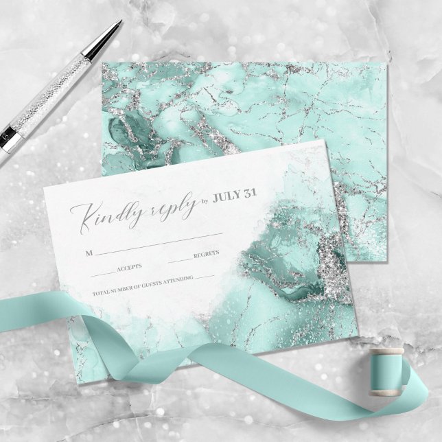 Cartão RSVP Casamento Brilho de Mármore Teal Prata ID644 (Criador carregado)