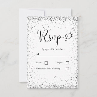 Cartão RSVP Casamento Brilho Prata Branco Moderno