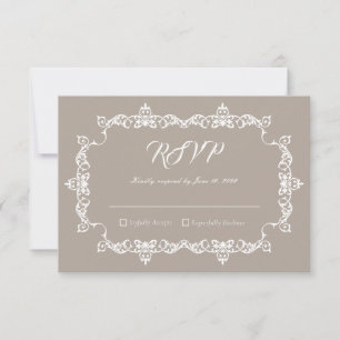 Cartão RSVP Casamento Brown com Moldura Ornamentada em Taupe C