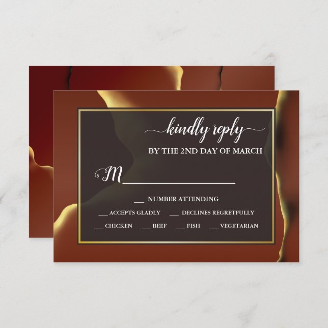 Cartão RSVP Casamento 🤵 Burgundy Dourado Elegant Inky Abstrat (Frente/Verso)