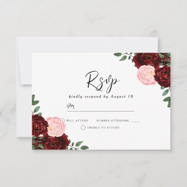 Cartão RSVP Casamento Burgundy e Flores Vermelhas Gordo (Frente)