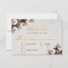 Cartão RSVP Casamento Burgundy Peonies Faux Dourado Marble