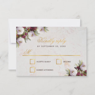 Cartão RSVP Casamento Burgundy Peonies Faux Dourado Marble