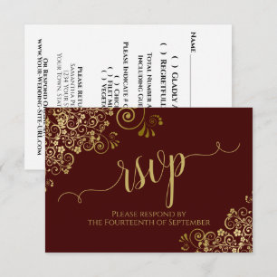 Cartão RSVP Casamento Caligrafia com Renda Marrom e Dourado Au