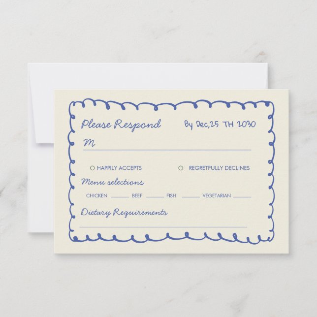 Cartão RSVP Casamento caprichoso desenhado à mão azul  (Frente)