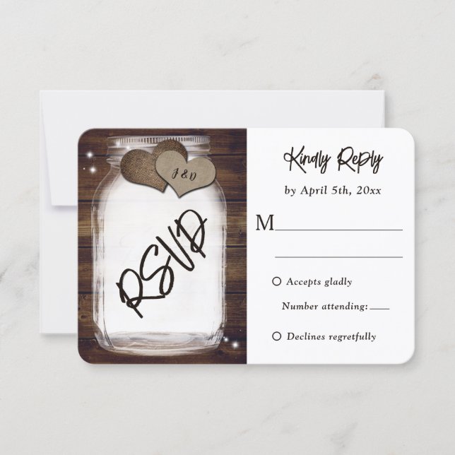 Cartão RSVP Casamento Cardíaco Mason Jar Rustic Country Wood B (Frente)