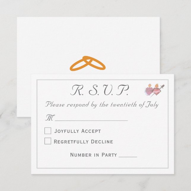 Cartão RSVP Casamento Católico das Duas Corações Elegantes (Frente/Verso)