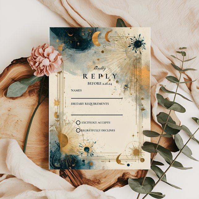 Cartão RSVP Casamento Celestial à Meia-Noite (Criador carregado)