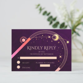 Cartão RSVP Casamento Celestial Arco-Íris Roxo Sol Lua Estrela