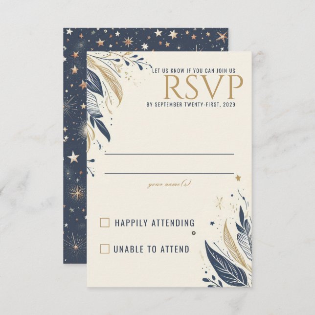 Cartão RSVP Casamento Celestial Azul e Dourado (Frente/Verso)