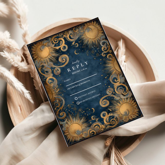 Cartão RSVP Casamento Celestial Azul Real (Criador carregado)
