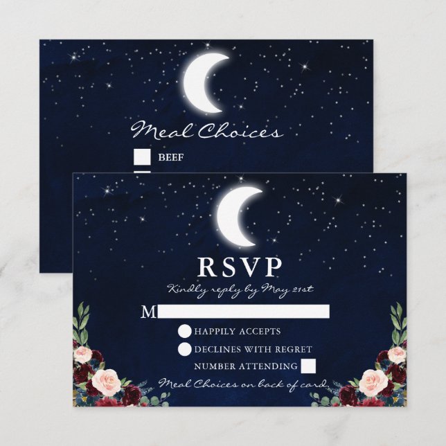 Cartão RSVP Casamento Celestial Céu Lua Estrelas Floral Refeiç (Frente/Verso)