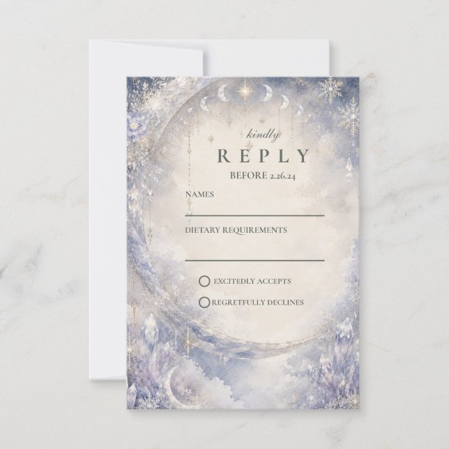 Cartão RSVP Casamento Celestial de Inverno Etéreo (Frente)