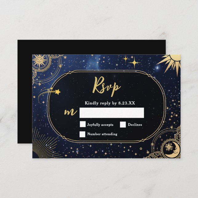 Cartão RSVP Casamento celestial de sol e lua (Frente/Verso)