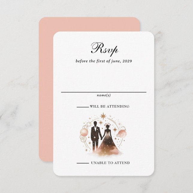 Cartão RSVP Casamento Celestial em Rose Gold (Frente/Verso)
