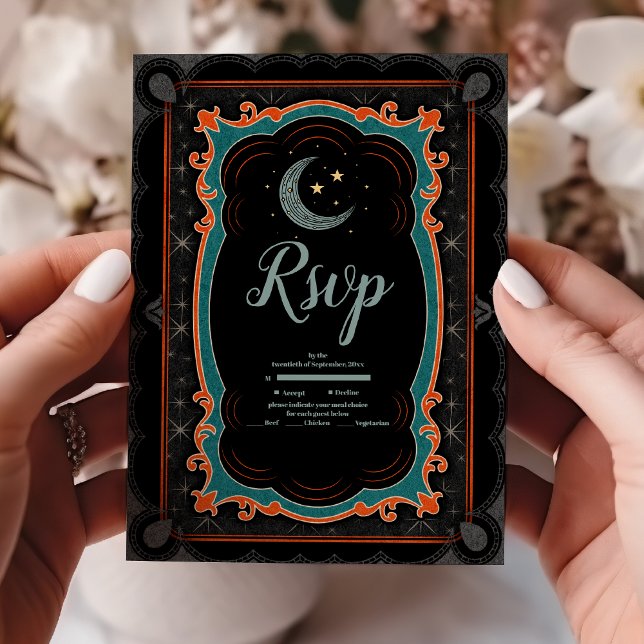 Cartão RSVP Casamento Celestial Mystical Moon Starry Night (Criador carregado)