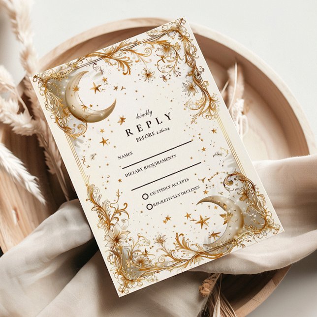 Cartão RSVP Casamento Celestial Ouro Branco Lua e Estrelas (Criador carregado)