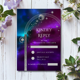 Cartão RSVP Casamento Celestial Roxo de Prata do Teal Sun Moon