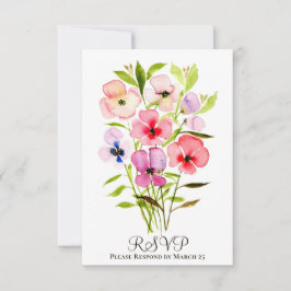 Cartão RSVP Casamento Cheerful Watercolor Pansies & Selvagens