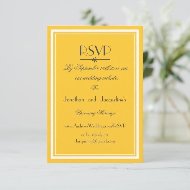 Cartão RSVP Casamento Chic Amarelo Ensolarado Branco Script WS (Em pé/Frente)