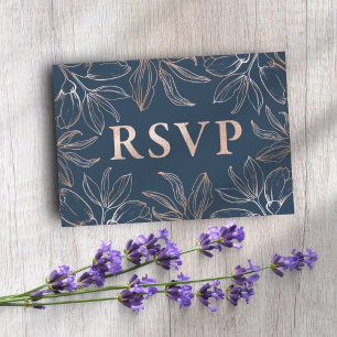 Cartão RSVP Casamento Chic Azul e Folhagem em Rosa Dourado com