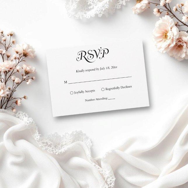 Cartão RSVP Casamento Chic Branco e Preto de Script Elegante (Criador carregado)