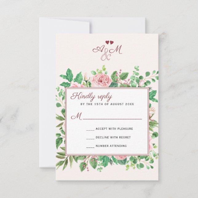 Cartão RSVP Casamento Chic Burgundy e Blush Floral Monogramas (Frente)