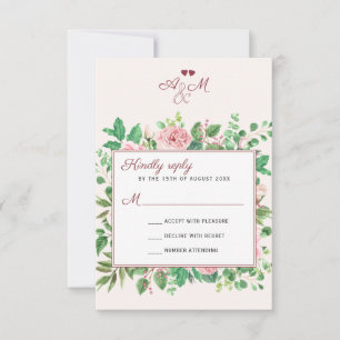 Cartão RSVP Casamento Chic Burgundy e Blush Floral Monogramas