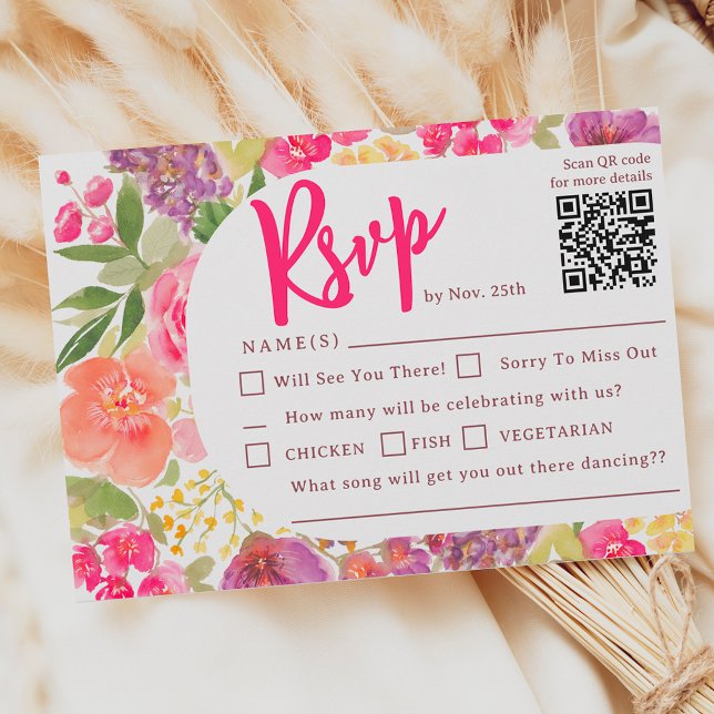 Cartão RSVP Casamento chic com guião floral brilhante da Bohem (Bohemian bright floral arch script chic wedding RSVP card)