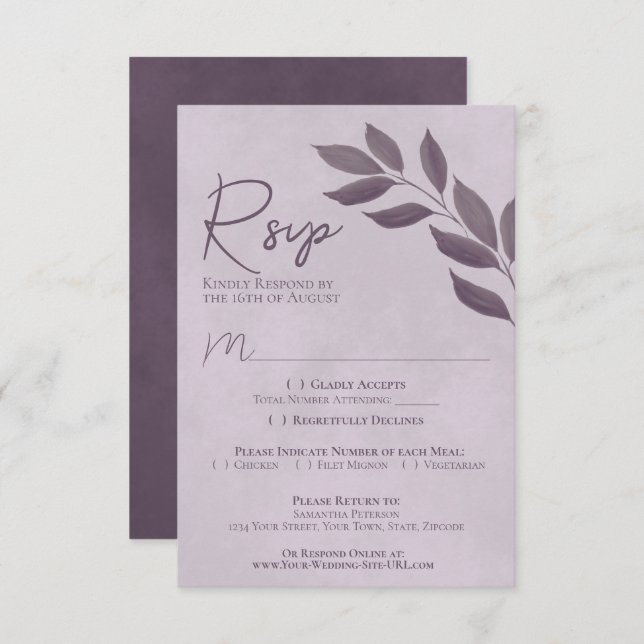 Cartão RSVP Casamento Chic Moderno Roxo Púrpura e Assassizado (Frente/Verso)