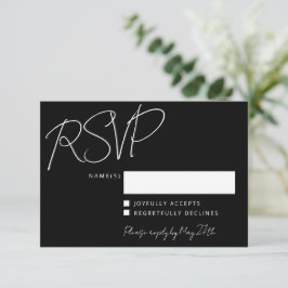 Cartão RSVP Casamento Chic Negro de Escrita Manual Elegante Mo