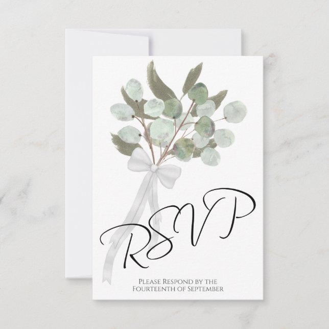 Cartão RSVP Casamento Chic Rustic Eucalyptus & Greenery Buquê (Frente)