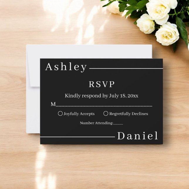 Cartão RSVP Casamento Chic Simples Preto E Branco Moderno (Criador carregado)