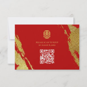 Cartão RSVP Casamento chinês com pincel de ouro vermelho pince