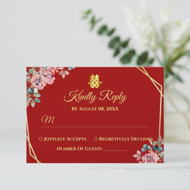 Cartão RSVP Casamento chinês com terra floral geométrica de ou (Em pé/Frente)